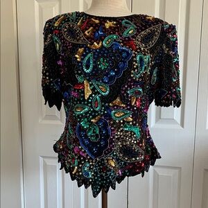 Laurence Kazar Colorful Vintage Sequined and Beaded Black Silk Top Size XL